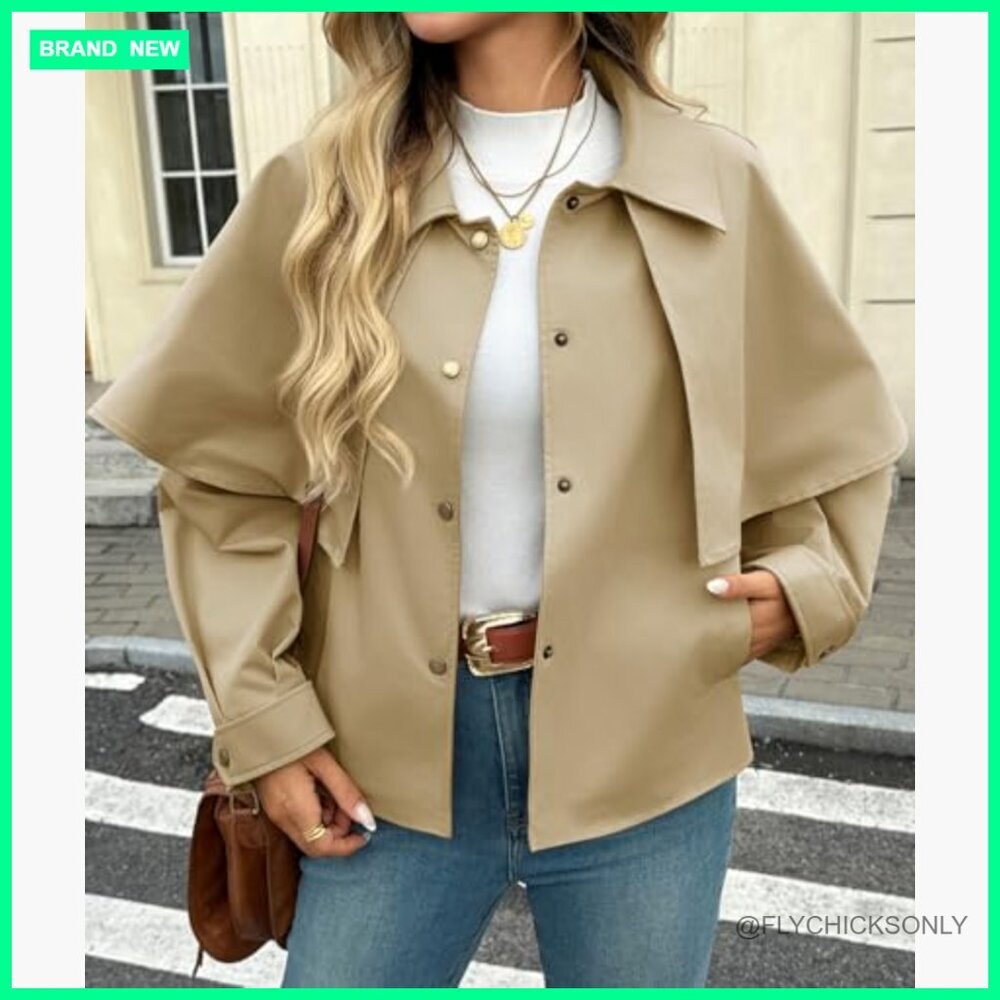 Polyester Cropped Trench Coat with Cape Sleeves and Button Closure - Picture 2 of 6